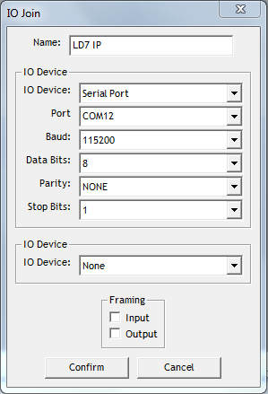 Configure the VIO input as shown below. Ensure the COM port selected matches the COM number assigned to the virtual serial port: